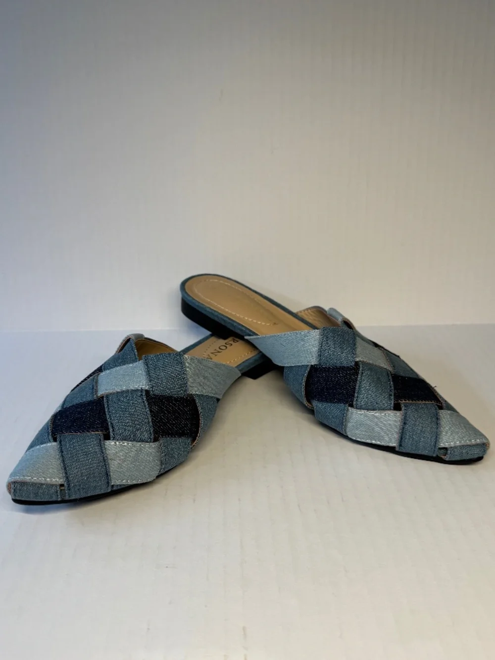 Woven Denim Mule Slides | Pointed Toe Flats | Size 6 | Blue Patchwork